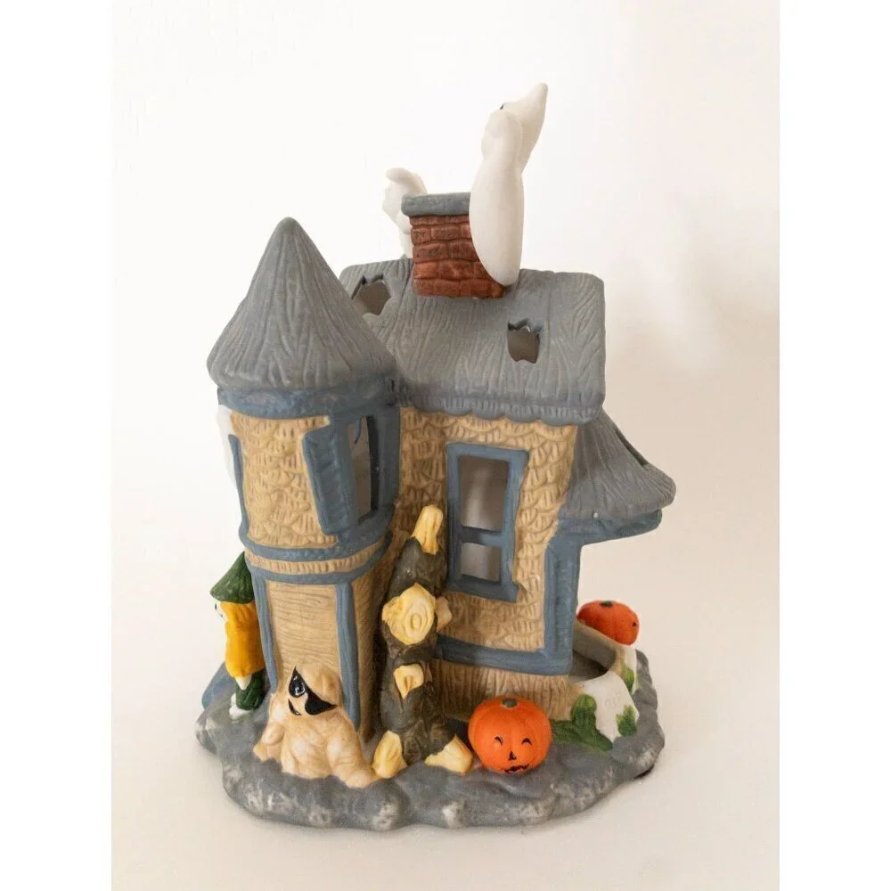 Ceramic Haunted House With Ghosts Halloween Decoration By PartyLite Tealight